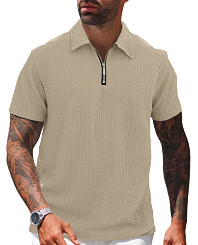 Herren Poloshirt Golf Kurzarm Reißverschluss Hals Basic T-Shirt Tennis Sport Poloshirt Casual Baumwolle Top Arbeitskleidung, khaki, XL von Hoefirm