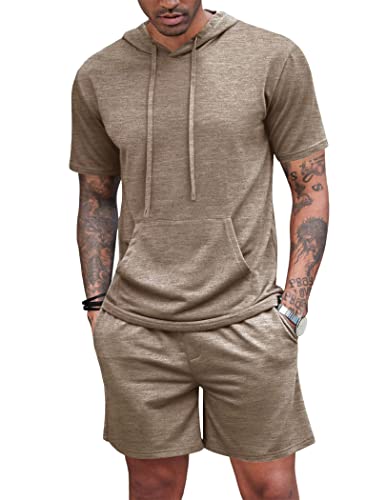 Herren Trainingsanzug 2 Stück Hooded Athletic Sweatsuit Kurzarm Casual Sport Hoodie Shorts Set Pullover Jogger, braun, L von Hoefirm