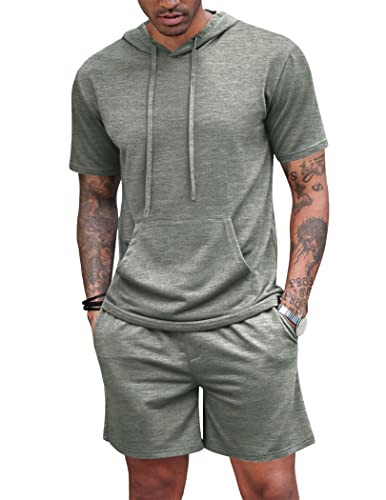 Herren Trainingsanzug 2 Stück Hooded Athletic Sweatsuit Kurzarm Casual Sport Hoodie Shorts Set Pullover Jogger, grün, XL von Hoefirm