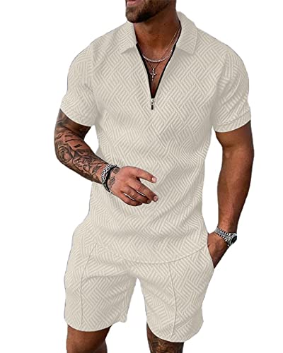 Hoefirm Herren-Trainingsanzug, Poloshirt und Hose, kurzärmelig, mit Reißverschluss, für Jogger, Fitnessstudio, lässig, Laufen, Sport, Sweat-Activewear, 2-teilig, khaki, XXXL von Hoefirm