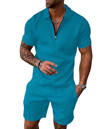Hoefirm Herren-Trainingsanzug, Poloshirt und Hose, kurzärmelig, mit Reißverschluss, für Jogger, Fitnessstudio, lässig, Laufen, Sport, Sweat-Activewear, 2-teilig, blau, XL von Hoefirm