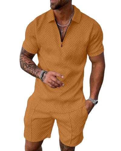 Hoefirm Herren Trainingsanzug Sommer Sportanzug 2 Teiliges Business Polo Hemd Set Kurzarm T-Shirts Kurze Hose Freizeitanzug Gelb 3XL von Hoefirm