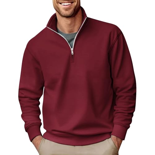 Hoefirm Herren Zip Pullover Casual Tops Turtle Neck Pullover Basic Sweatshirts Langarm Leichtgewicht Sport Workout WeinRot XXL von Hoefirm