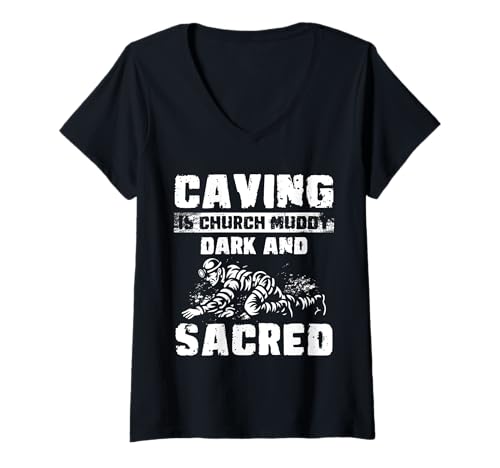 Damen Caving Is Church Muddy Dark And Sacred Spelunker T-Shirt mit V-Ausschnitt Damen Caving Is Church Muddy Dark And Sacred Spelunker T-Shirt mit V-Ausschnitt von Höhlenforscher Design Idee Spelunking