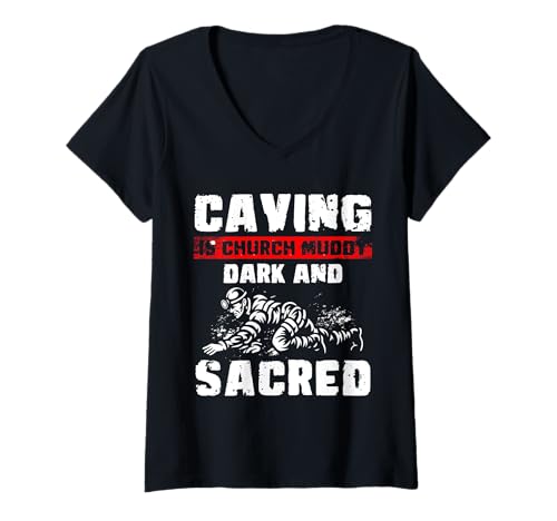Damen Caving Is Church Muddy Dark And Sacred Spelunker T-Shirt mit V-Ausschnitt Damen Caving Is Church Muddy Dark And Sacred Spelunker T-Shirt mit V-Ausschnitt von Höhlenforscher Design Idee Spelunking