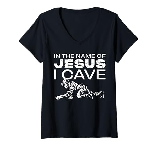 Damen In The Name Of Jesus I Cave Caving Spelunker T-Shirt mit V-Ausschnitt Damen In The Name Of Jesus I Cave Caving Spelunker T-Shirt mit V-Ausschnitt von Höhlenforscher Design Idee Spelunking