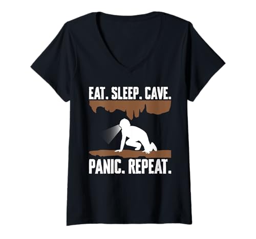 Damen Eat Sleep Cave Panic Repeat Caving Spelunking T-Shirt mit V-Ausschnitt Damen Eat Sleep Cave Panic Repeat Caving Spelunking T-Shirt mit V-Ausschnitt von Höhlenforscher Designs Idee Spelunking