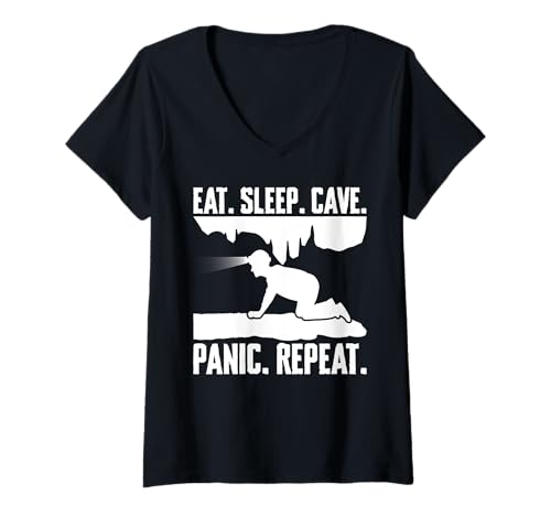 Damen Eat Sleep Cave Panic Repeat Caving Spelunking T-Shirt mit V-Ausschnitt Damen Eat Sleep Cave Panic Repeat Caving Spelunking T-Shirt mit V-Ausschnitt von Höhlenforscher Designs Idee Spelunking