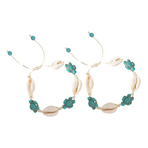 Hoement 2 Stück Boho Fußkettchen mit Natürlichen Muscheln und Schildkrötenanhängern Handgefertigt Verstellbar Strand Schmuck für Damen Armband im Ocean Wave Design von Hoement