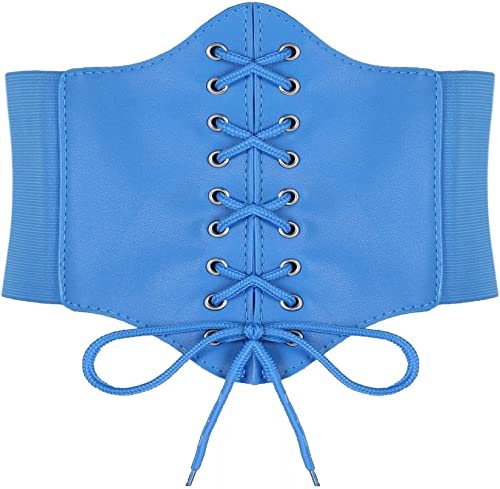 Hoerev Damen Mädchen Elastisch Breites Band Elastisch Gebunden Waspie Korsett Taille Gürtel Bustiers Korsetts，Blau mit Knopf，L von Hoerev