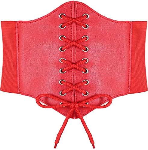 Hoerev Damen Mädchen Elastisch Breites Band Elastisch Gebunden Waspie Korsett Taille Gürtel Bustiers Korsetts，Rot mit Knopf，L von Hoerev