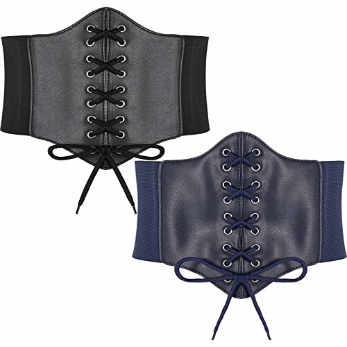 Hoerev Damen Mädchen Elastisch Breites Band Elastisch Gebunden Waspie Korsett Taille Gürtel Bustiers Korsetts，Schwarz+Marineblau，XL von Hoerev