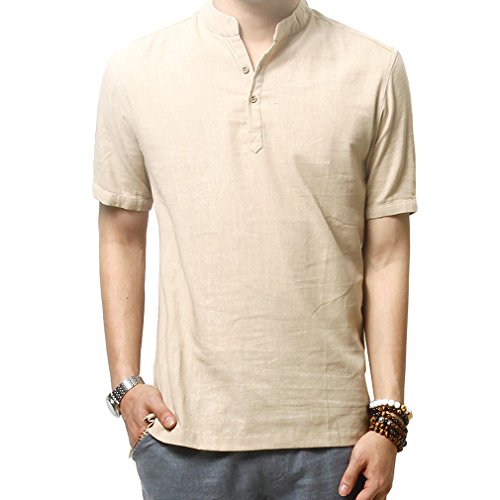 HOEREV Männer lässig Kurzarm Leinen Slim Fit Hemden Beach Shirts,Beige,DE 46 Größe S von Hoerev