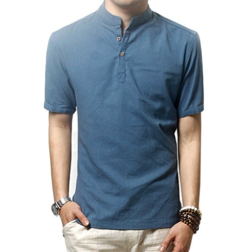 HOEREV Männer lässig Kurzarm Leinen Slim Fit Hemden Beach Shirts,Blau,DE 50 Größe L von Hoerev