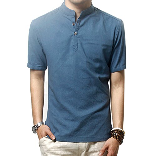 HOEREV Männer lässig Kurzarm Leinen Slim Fit Hemden Beach Shirts,Blau,DE 52 Größe XL von Hoerev