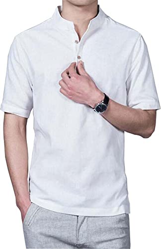 HOEREV Männer lässig Kurzarm Leinen Slim Fit Hemden Beach Shirts,Weiß,DE 50 Größe L von Hoerev