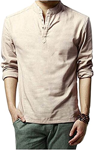 HOEREV Marke Men Casual Langarm-Leinen Shirts Strand-Hemden- Gr. M Brust 94-98cm DE48, Farbe: Beige von Hoerev