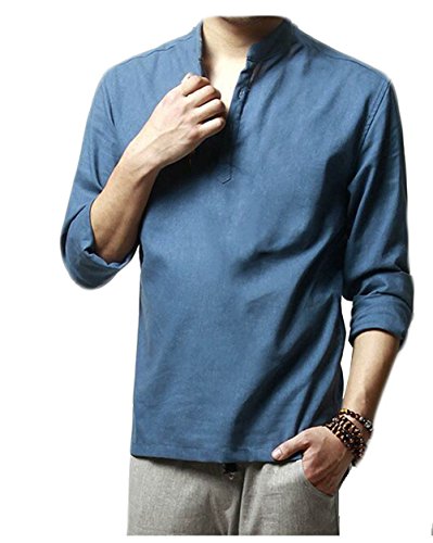 HOEREV Marke Men Casual Langarm-Leinen Shirts Strand-Hemden- Gr. XS Brust 86-90cm DE44, Farbe: Blau von Hoerev
