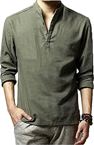 HOEREV Marke Men Casual Langarm-Leinen Shirts Strand-Hemden- Gr. XS Brust 86-90cm DE44, Farbe: Grün von Hoerev