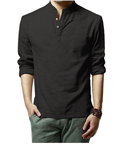 HOEREV Marke Men Casual Langarm-Leinen Shirts Strand-Hemden- Gr. M Brust 94-98cm DE48, Farbe: Schwarz von Hoerev