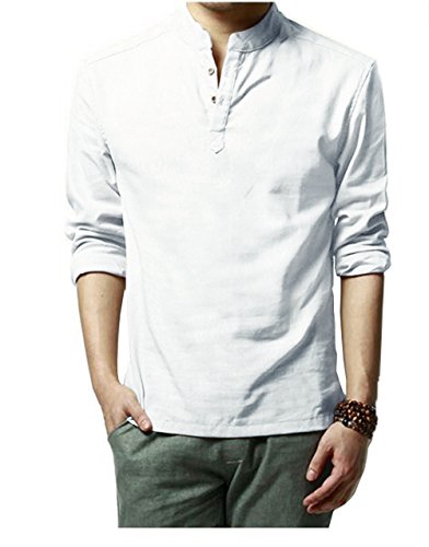 HOEREV Marke Men Casual Langarm-Leinen Shirts Strand-Hemden- Gr. M Brust 94-98cm DE48, Farbe: Weiß von Hoerev