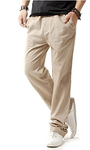 HOEREV Men Casual Strandhosen Leinen Hose- Gr. M (Taille 33-35 zoll), Beige von Hoerev