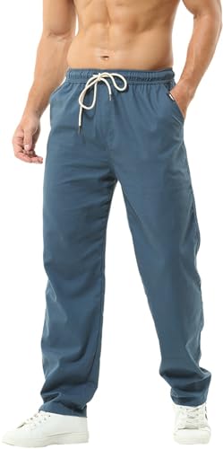 HOEREV Men Casual Strandhosen Leinen Hose- Gr. L (Taille 36-38 zoll), Blau von Hoerev