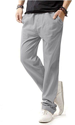 HOEREV Men Casual Strandhosen Leinen Hose- Gr. L (Taille 36-38 zoll), Grau von Hoerev