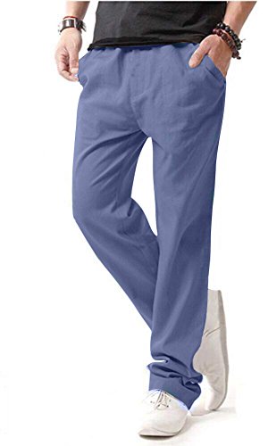 HOEREV Men Casual Strandhosen Leinen Hose- Gr. L (Taille 36-38 zoll), Hellblau von Hoerev