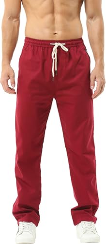 HOEREV Men Casual Strandhosen Leinen Hose- Gr. XL (Taille 39-41 zoll), Dunkelrot von Hoerev