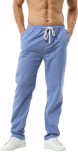 HOEREV Men Casual Strandhosen Leinen Hose- Gr. XL (Taille 39-41 zoll), Hellblau von Hoerev