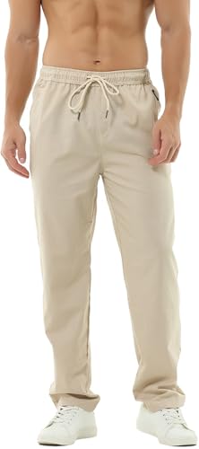 HOEREV Men Casual Strandhosen Leinen Hose- Gr. XXL (Taille 42-44 zoll), Beige von Hoerev