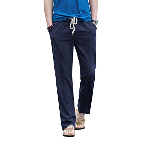 HOEREV Men Casual Strandhosen Leinen Hose- Gr. XXL (Taille 42-44 zoll), Navyblau von Hoerev