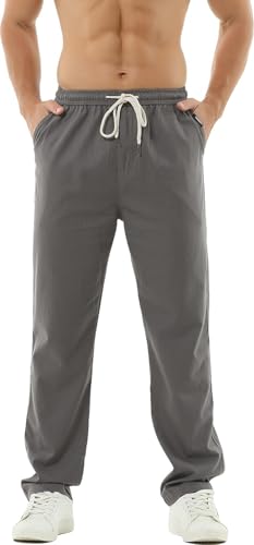 HOEREV Men Casual Strandhosen Leinen Hose- Gr. XXXL (Taille 45-47 zoll), Dunkelgrau von Hoerev