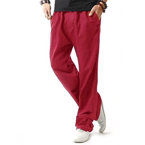 HOEREV Men Casual Strandhosen Leinen Hose- Gr. XXXL (Taille 45-47 zoll), Dunkelrot von Hoerev