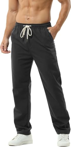 HOEREV Men Casual Strandhosen Leinen Hose- Gr. XXXL (Taille 45-47 zoll), Schwarz von Hoerev