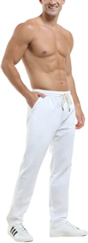 HOEREV Men Casual Strandhosen Leinen Hose- Gr. S (Taille 30-32 zoll), Weiß von Hoerev