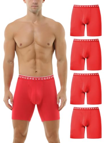 Hoerev 4er Pack, Herren Trunk Langbein-Unterwäsche Bequeme und atmungsaktive Boxershorts,Rot,XXL von Hoerev