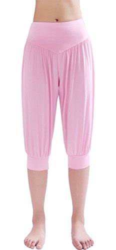 Hoerev Caprihose, Super Weiches Modal-Elastan, Pluderhose, für Yoga, Pilates，Rosa，L von Hoerev