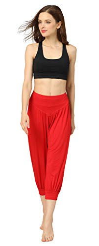 Hoerev Caprihose, Super Weiches Modal-Elastan, Pluderhose, für Yoga, Pilates，Rot，L von Hoerev