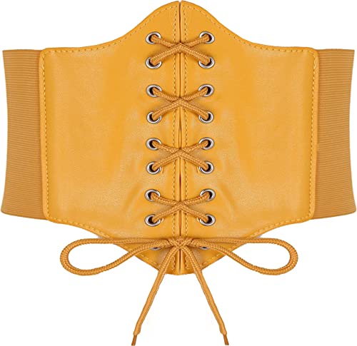 Hoerev Damen Mädchen Elastisch Breites Band Elastisch Gebunden Waspie Korsett Taille Gürtel Bustiers Korsetts，Senfgelb mit Knopf，3XL von Hoerev