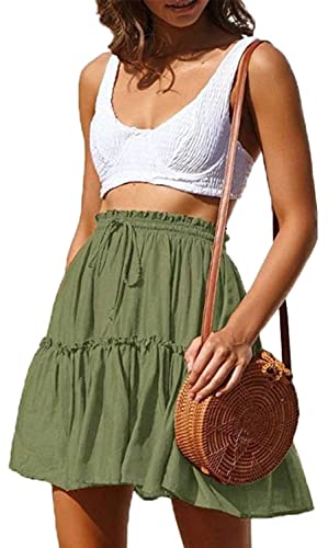 Hoerev Damen Mädchen Floral ausgestellter kurzer Rock niedlich hohe Taille Rüschen Rock Strand Minirock,Armeegrün，Größe 3XL von Hoerev