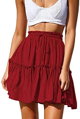 Hoerev Damen Mädchen Floral ausgestellter kurzer Rock niedlich hohe Taille Rüschen Rock Strand Minirock,Dunkel Rot，Größe XXL von Hoerev