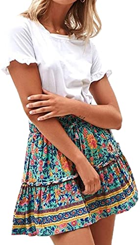 Hoerev Damen Mädchen Floral ausgestellter kurzer Rock niedlich hohe Taille Rüschen Rock Strand Minirock,Grüne Blüten，Größe XXL von Hoerev