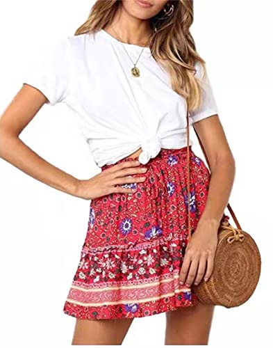 Hoerev Damen Mädchen Floral ausgestellter kurzer Rock niedlich hohe Taille Rüschen Rock Strand Minirock,Rotblume，Größe S von Hoerev