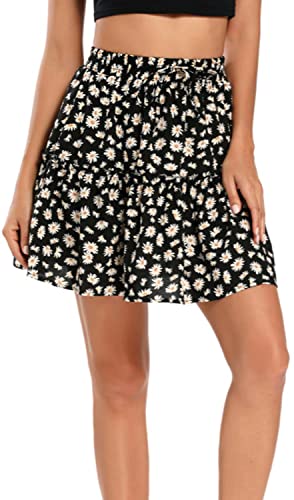 Hoerev Damen Mädchen Floral ausgestellter kurzer Rock niedlich hohe Taille Rüschen Rock Strand Minirock,Schwarze Gänseblümchen，Größe XXL von Hoerev