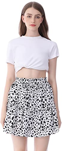 Hoerev Damen Mädchen Floral ausgestellter kurzer Rock niedlich hohe Taille Rüschen Rock Strand Minirock,Weiße Schwarze Punkte，Größe L von Hoerev