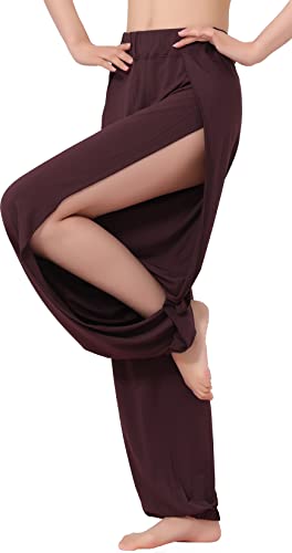 Hoerev Damen weichen Schlitz Bein Hose Harem Dance Yoga Pilates Hose,Braun,L von Hoerev