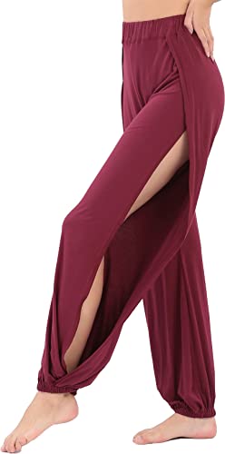 Hoerev Damen weichen Schlitz Bein Hose Harem Dance Yoga Pilates Hose,Dunkel Rot,L von Hoerev