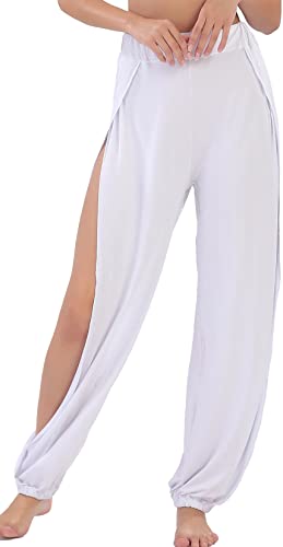 Hoerev Damen weichen Schlitz Bein Hose Harem Dance Yoga Pilates Hose,Weiß,L von Hoerev